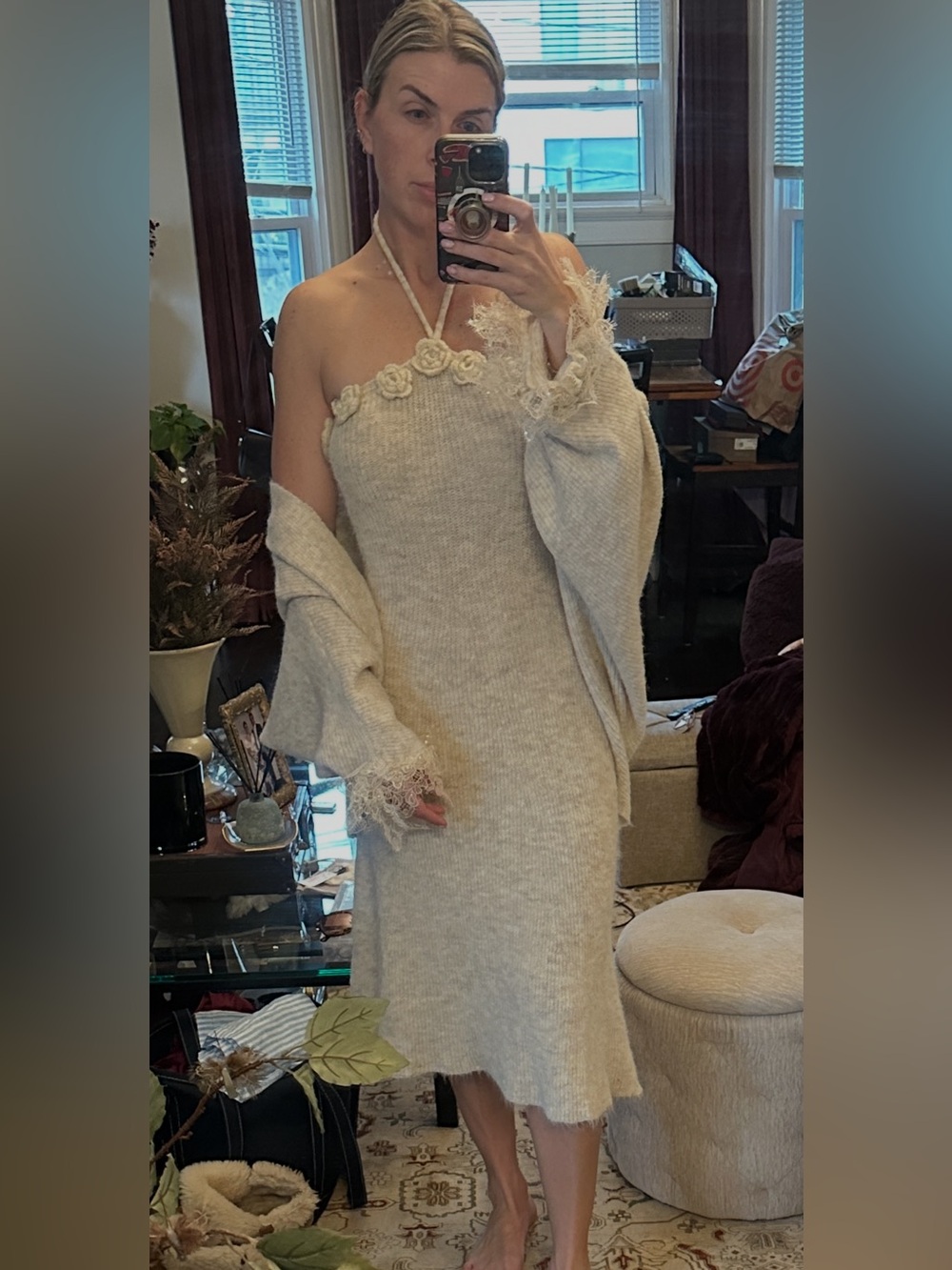 Cashmere Knit Cream Halter Dress and Sweater Set